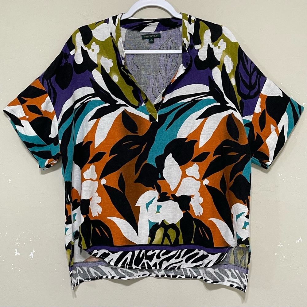 For Cynthia Linen Blend Blouse Floral Leaf Vibrant Colorful Boxy Relaxed Size L